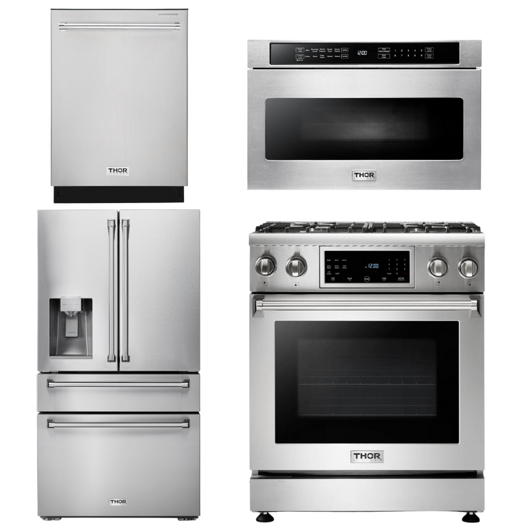 Thor Kitchen Appliance Package - 30 In. Propane Gas Range, Microwave Drawer, Refrigerator with Water and Ice Dispenser, Dishwasher, AP-TRG3001LP-12
