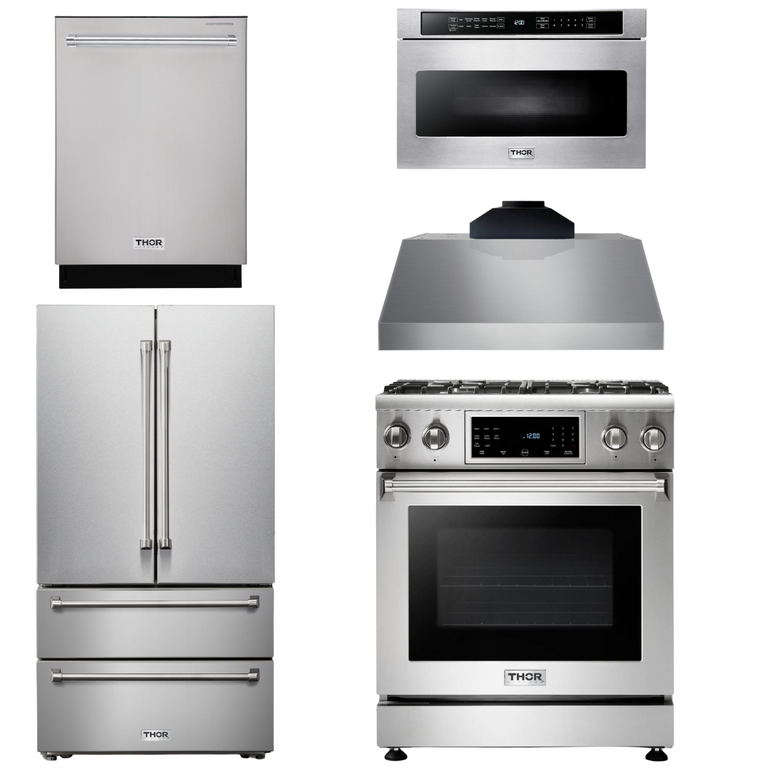 Thor Kitchen Package - 30 In. Gas Range, Range Hood, Microwave Drawer, Refrigerator, Dishwasher, AP-TRG3001LP-C-5