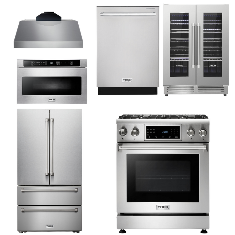 Thor Kitchen Package - 30" Gas Range, Range Hood, Microwave, Refrigerator, Dishwasher, Wine Cooler, AP-TRG3001-C-6
