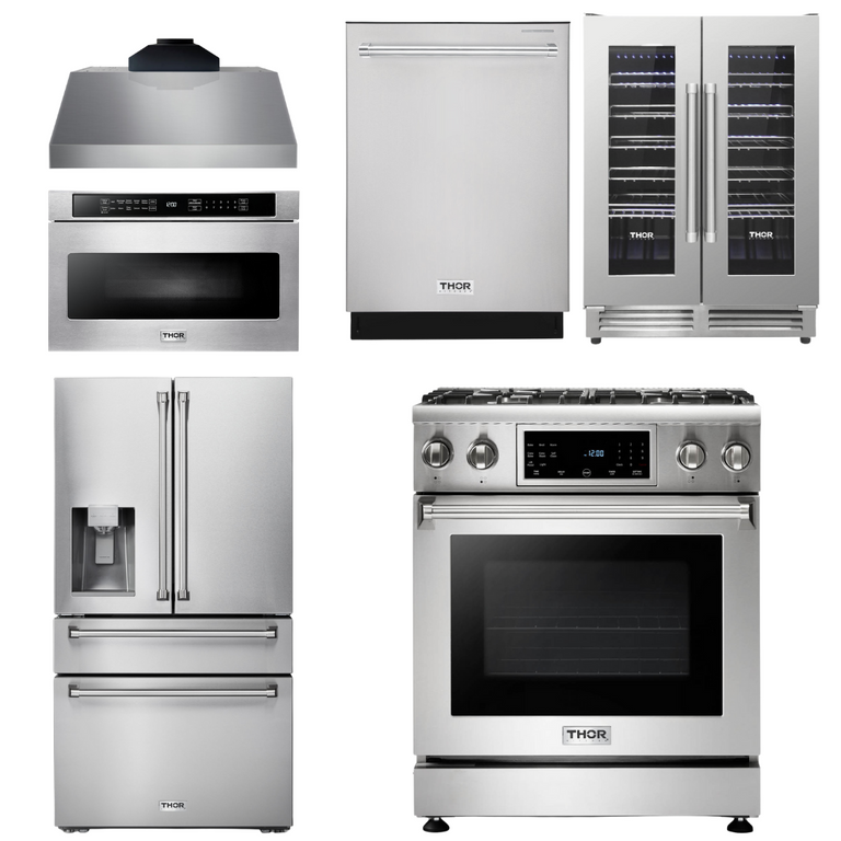 Thor Kitchen Package - 30" Gas Range, Range Hood, Microwave, Refrigerator with Water and Ice Dispenser, Dishwasher, Wine Cooler, AP-TRG3001-C-10