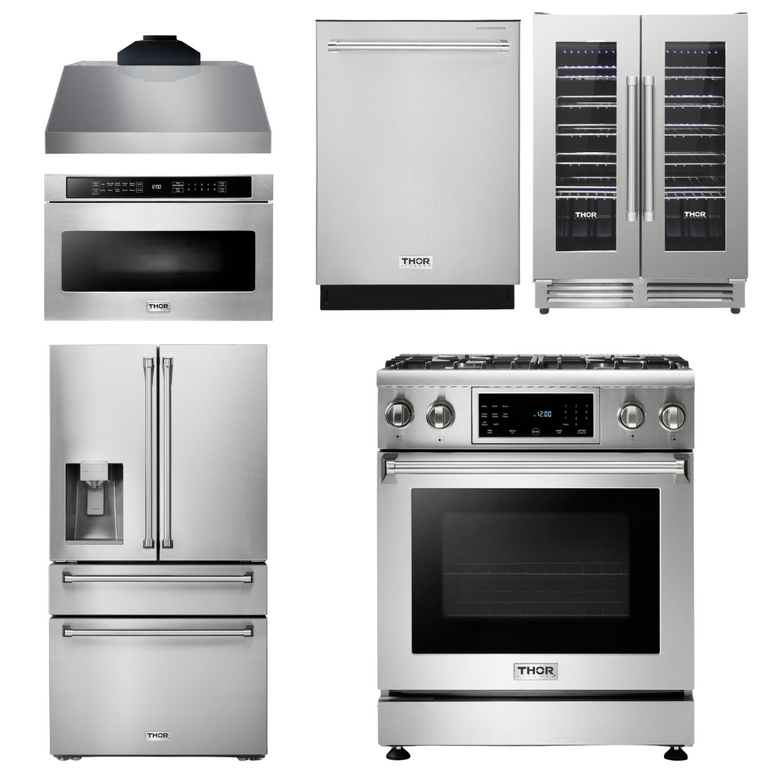Thor Kitchen Appliance Package - 30 In. Gas Range, Range Hood, Microwave Drawer, Refrigerator with Water and Ice Dispenser, Dishwasher, Wine Cooler, AP-TRG3001-C-10