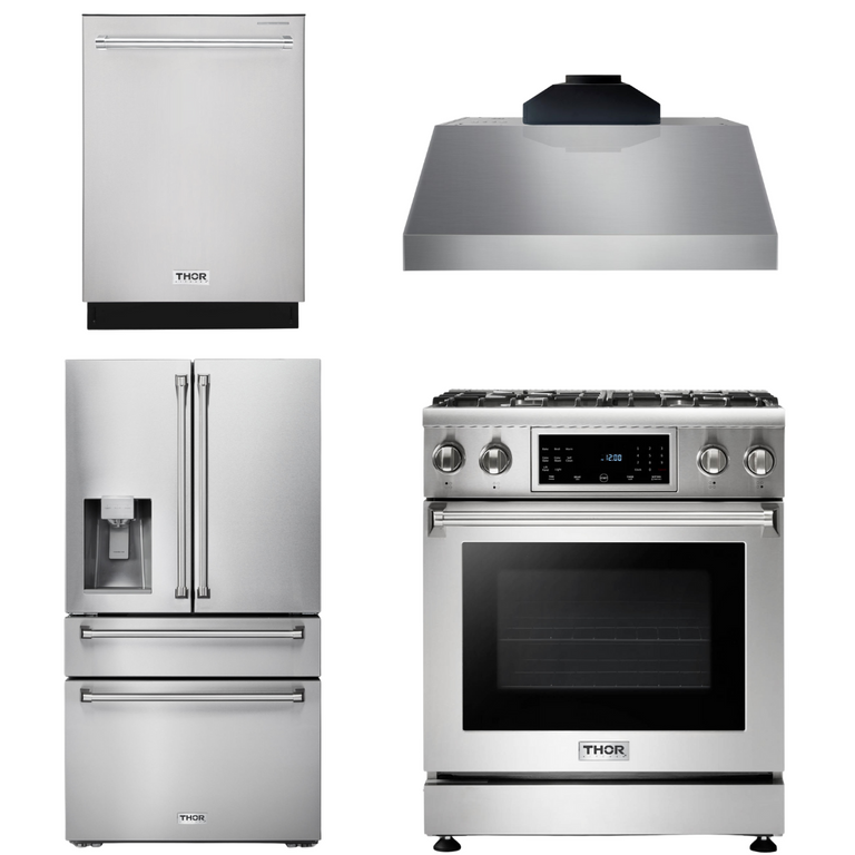 Thor Kitchen Package - 30" Gas Range, Range Hood, Refrigerator with Water and Ice Dispenser, Dishwasher, AP-TRG3001-C-7