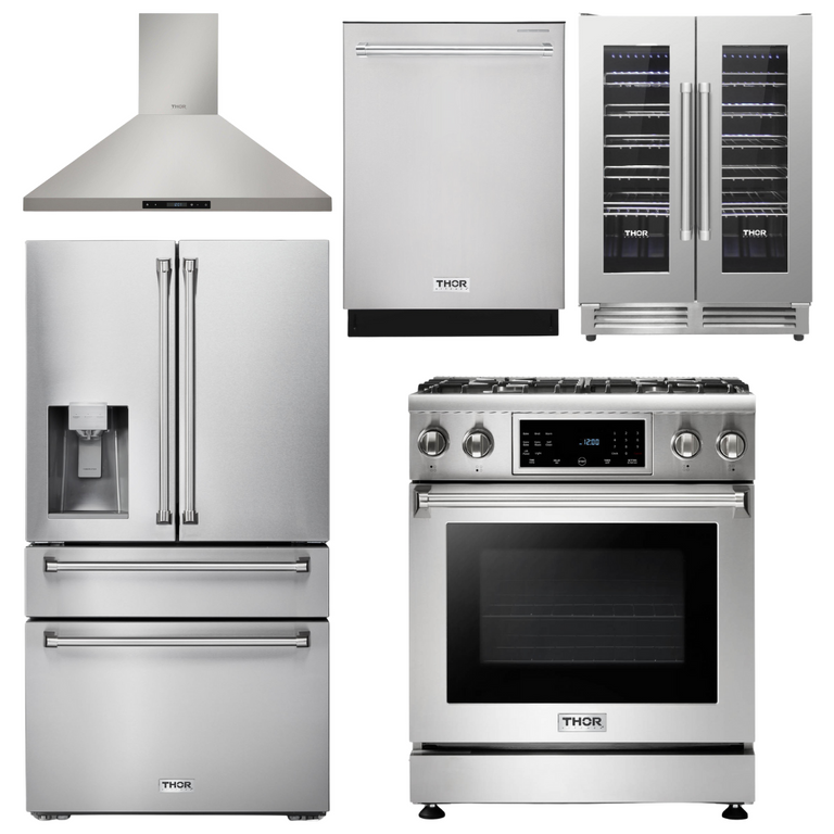 Thor Kitchen Package - 30 In. Propane Gas Range, Range Hood, Refrigerator with Water and Ice Dispenser, Dishwasher, Wine Cooler, AP-TRG3001LP-11