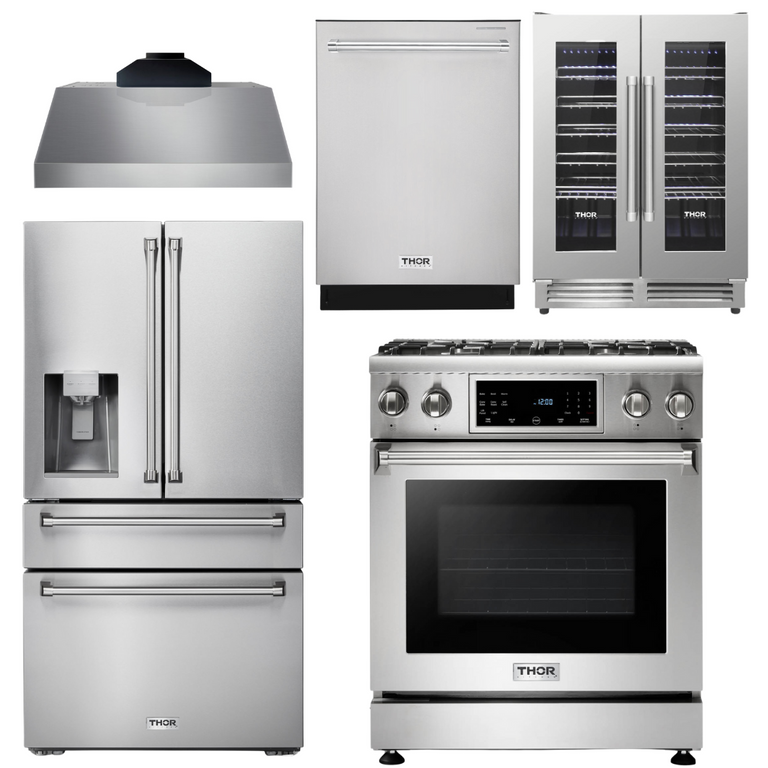 Thor Kitchen Package - 30" Gas Range, Range Hood, Refrigerator with Water and Ice Dispenser, Dishwasher, Wine Cooler, AP-TRG3001-C-8