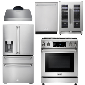 THOR Kitchen Package - 30" Gas Range, Range Hood, Refrigerator with Water and Ice Dispenser, Dishwasher, Wine Cooler, AP-TRG3001-C-8