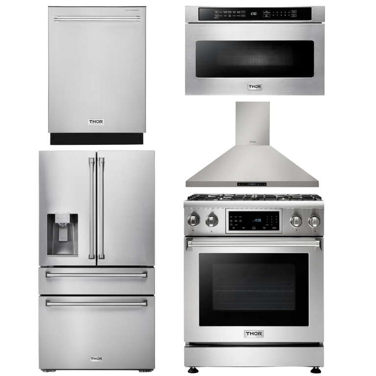 Thor Kitchen Package - 30 In. Propane Gas Range, Range Hood, Microwave Drawer, Refrigerator with Water and Ice Dispenser, Dishwasher, AP-TRG3001LP-13