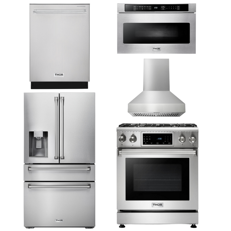 Thor Kitchen Package - 30 In. Propane Gas Range, Range Hood, Microwave Drawer, Refrigerator with Water and Ice Dispenser, Dishwasher, AP-TRG3001LP-W-9