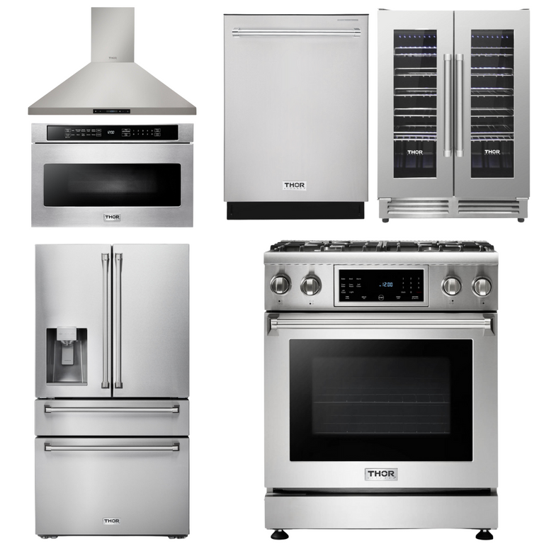 Thor Kitchen Package - 30" Gas Range, Range Hood, Microwave, Refrigerator with Water and Ice Dispenser, Dishwasher, Wine Cooler, AP-TRG3001-14
