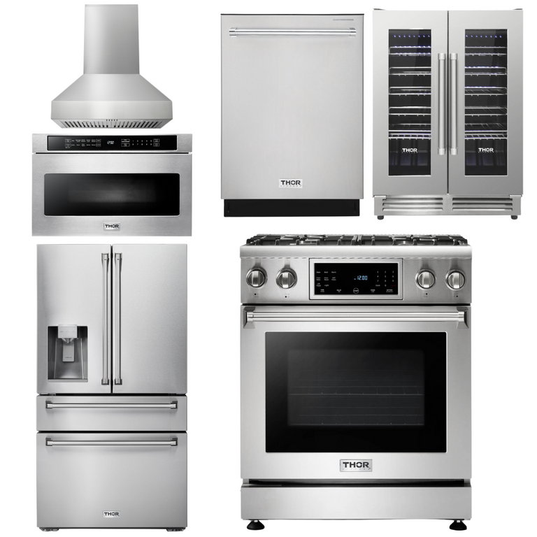 Thor Kitchen Package - 30" Gas Range, Hood, Microwave, Refrigerator with Water and Ice Dispenser, Dishwasher, Wine Cooler