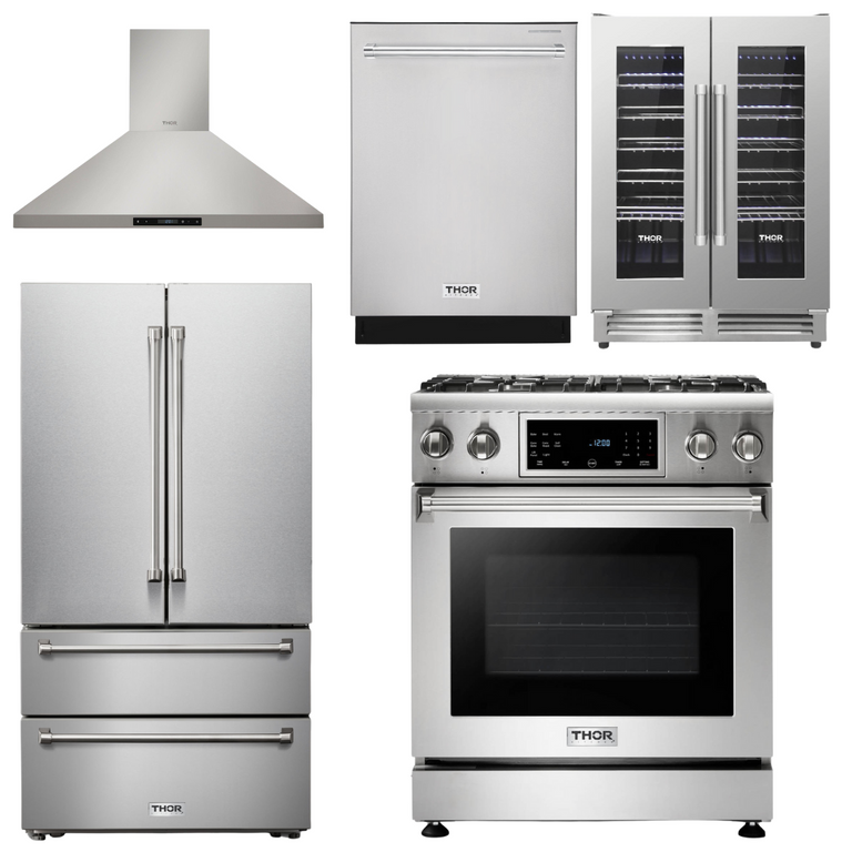 Thor Kitchen Package - 30" Propane Gas Range, Range Hood, Refrigerator, Dishwasher, Wine Cooler, AP-TRG3001LP-4