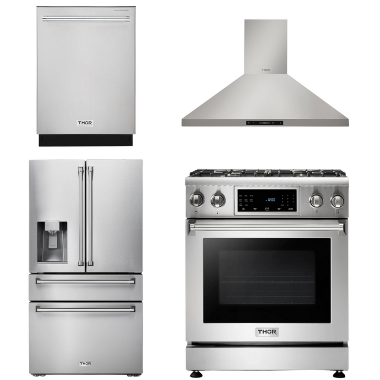 Thor Kitchen Package - 30 In. Propane Gas Range, Range Hood, Refrigerator with Water and Ice Dispenser, Dishwasher, AP-TRG3001LP-10