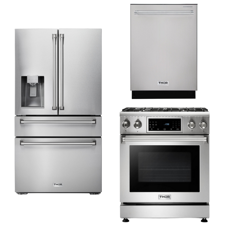 Thor Kitchen Package - 30 In. Propane Gas Range, Refrigerator with Water and Ice Dispenser, Dishwasher, AP-TRG3001LP-9