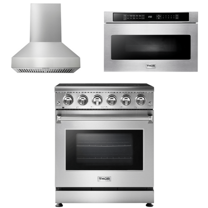 THOR Kitchen Package - 30 Inch Electric Range, Range Hood, Microwave, AP-HRE3001-W-4