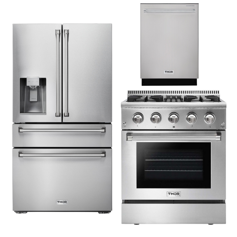 Thor Kitchen Package - 30" Dual Fuel Range, Refrigerator with Water and Ice Dispenser, Dishwasher, AP-HRD3088U-9