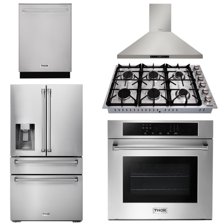 Thor Kitchen Package - 30" Wall Oven, 36" Cooktop, Range Hood, Refrigerator with Water and Ice Dispenser, Dishwasher, AP-HEW3001-DC-36-3