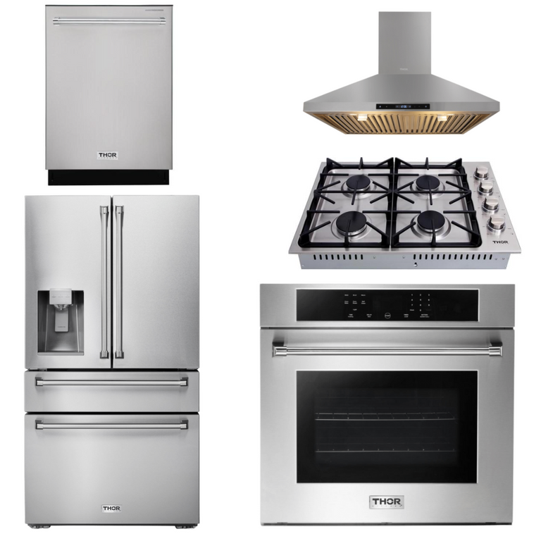 Thor Kitchen Package - 30" Wall Oven, Cooktop, Range Hood, Refrigerator with Water and Ice Dispenser, Dishwasher, AP-HEW3001-DC-30-3