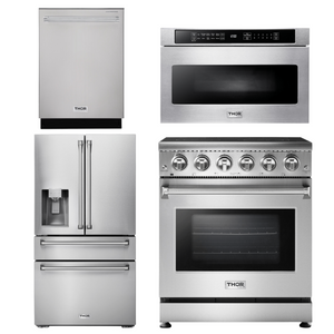 THOR Kitchen Package - 30" Electric Range, Microwave, Refrigerator with Water and Ice Dispenser, Dishwasher, AP-HRE3001-12