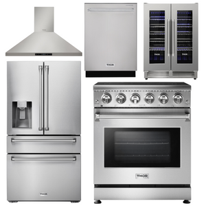 THOR Kitchen Package - 30" Electric Range, Range Hood, Refrigerator with Water and Ice Dispenser, Dishwasher, Wine Cooler, AP-HRE3001-11