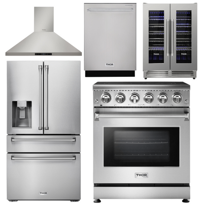 THOR Kitchen Package - 30" Electric Range, Range Hood, Refrigerator with Water and Ice Dispenser, Dishwasher, Wine Cooler, AP-HRE3001-11
