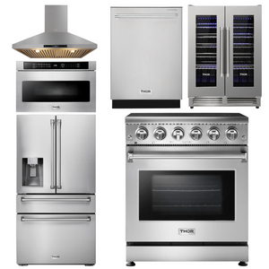 THOR Kitchen Package - 30" Electric Range, Range Hood, Microwave, Refrigerator, Dishwasher, Wine Cooler, AP-HRE3001-14