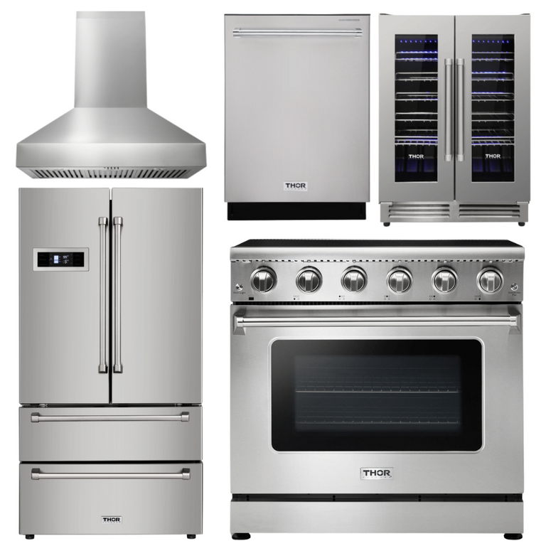 Thor Package - 36" Electric Range, Range Hood, Refrigerator, Dishwasher, Wine Cooler, AP-HRE3601-W-3