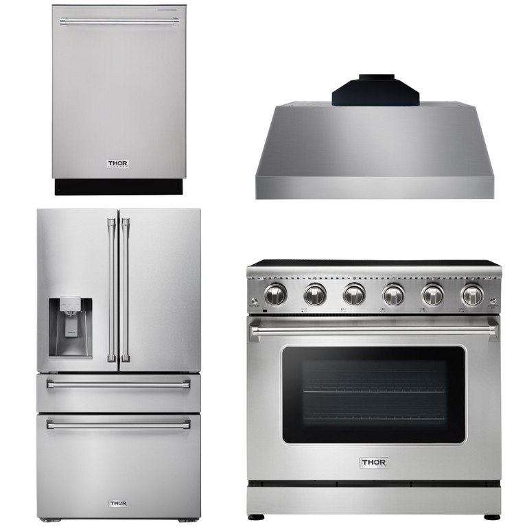 Thor Kitchen Package - 36" Electric Range, Range Hood, Refrigerator with Water and Ice Dispenser, Dishwasher, AP-HRE3601-C-7