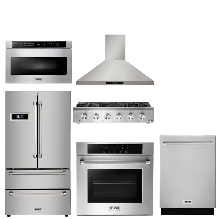 Thor Kitchen Package - 36" Propane Gas Rangetop, Range Hood, Wall Oven, Refrigerator, Dishwasher, Microwave, AP-HRT3618ULP-5