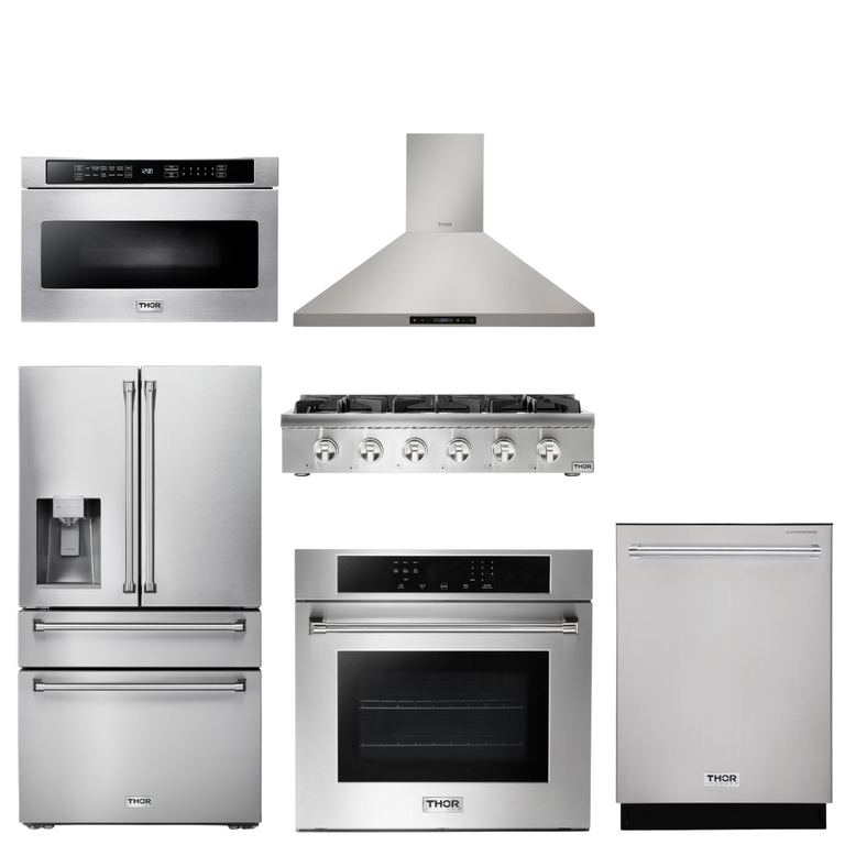 Thor Kitchen Package - 36" Gas Rangetop, Range Hood, Wall Oven, Refrigerator with Water and Ice Dispenser, Dishwasher, Microwave, AP-HRT3618U-7