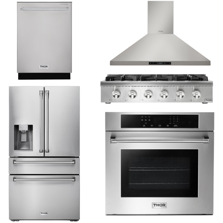 Thor Kitchen Package - 36" Gas Rangetop, Range Hood, Wall Oven, Refrigerator with Water and Ice Dispenser, Dishwasher, AP-HRT3618U-6