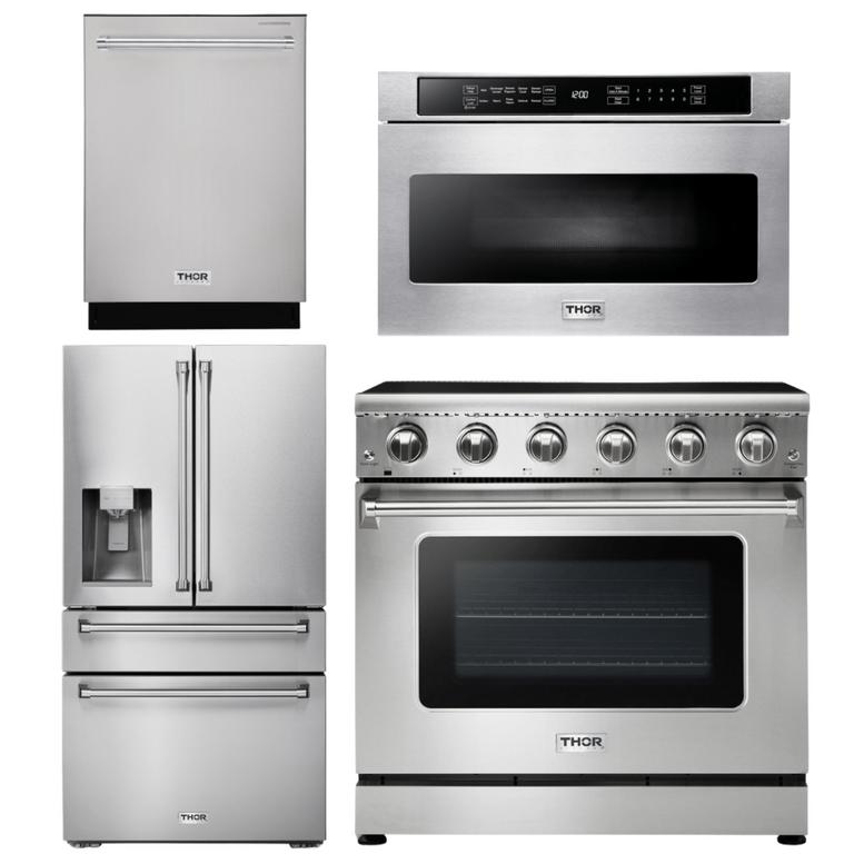 Thor Kitchen Package - 36" Electric Range, Microwave, Refrigerator with Water and Ice Dispenser, Dishwasher, AP-HRE3601-12