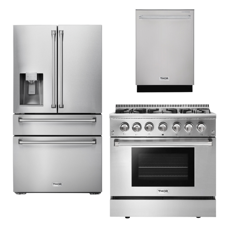 Thor Kitchen Package - 36" Propane Dual Fuel Range, Dishwasher, Refrigerator with Water and Ice Dispenser, AP-HRD3606ULP-9
