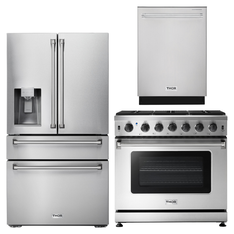 Thor Kitchen Package - 36" Gas Range, Refrigerator with Water and Ice Dispenser, Dishwasher, AP-LRG3601U-9
