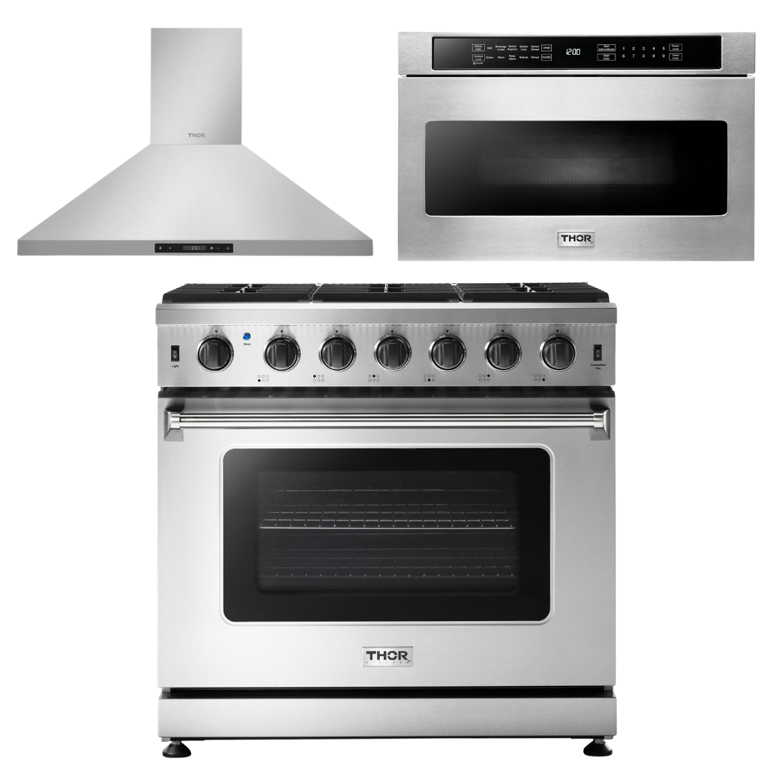 Thor Kitchen Appliance Package - 36 in. Natural Gas Range, Range Hood, Microwave Drawer, AP-LRG3601U-5