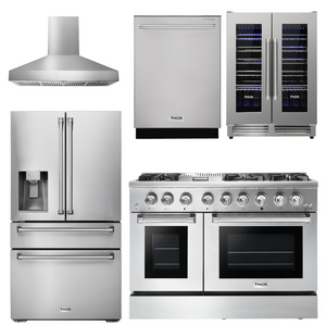 THOR Kitchen Package - 48" Dual Fuel Range, Range Hood, Refrigerator with Water and Ice Dispenser, Dishwasher, Wine Cooler, AP-HRD4803ULP-W-8