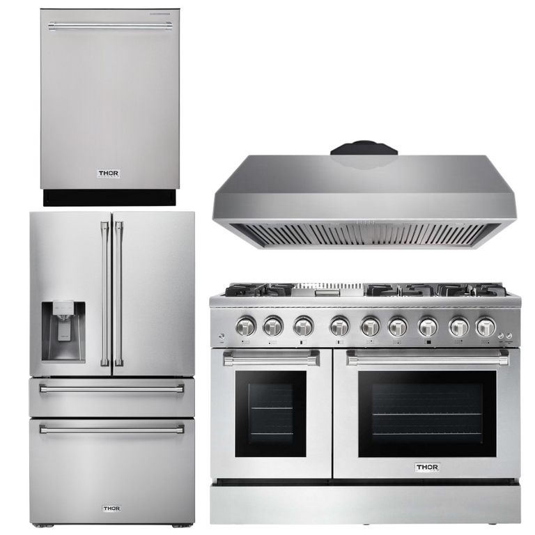 Thor Kitchen Package - 48" Propane Dual Fuel Range, Range Hood, Refrigerator with Water & Ice Dispenser, Dishwasher