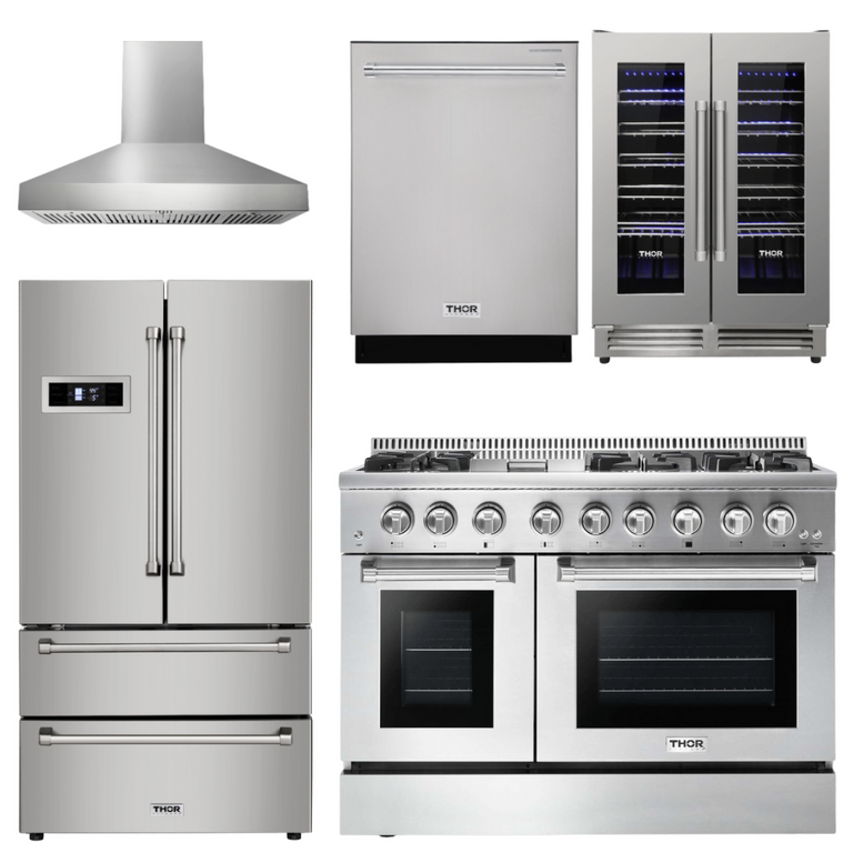 Thor Kitchen Package - 48 Inch Dual Fuel Range, Range Hood, Refrigerator, Dishwasher, Wine Cooler, AP-HRD4803U-W-3
