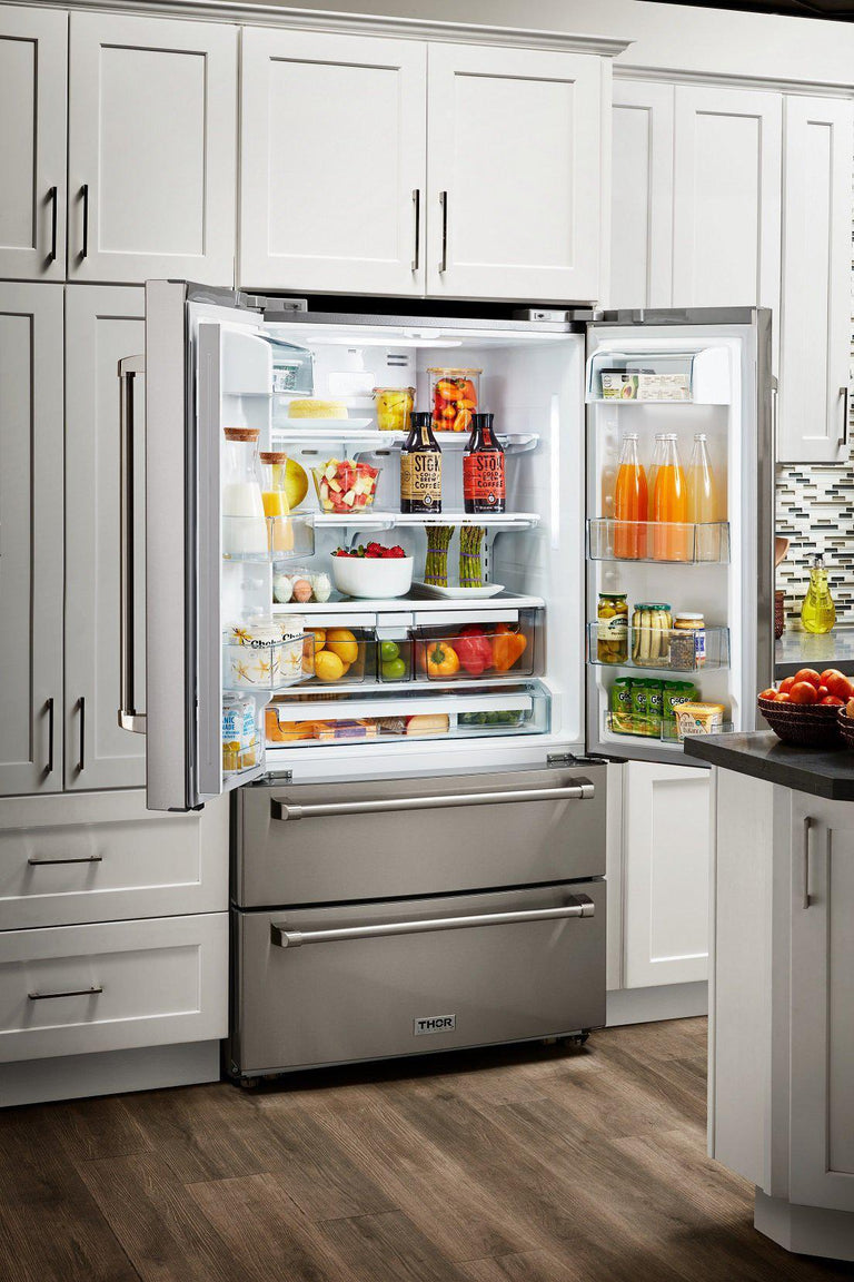 Thor Kitchen Appliance Package - 36 In. Gas Burner/Electric Oven Range, Range Hood, Microwave Drawer, Refrigerator, Dishwasher, Wine Cooler, AP-HRD3606U-8