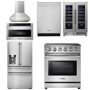 THOR Kitchen Package - 30" Electric Range, Range Hood, Microwave, Refrigerator, Dishwasher, Wine Cooler, AP-HRE3001-W-10