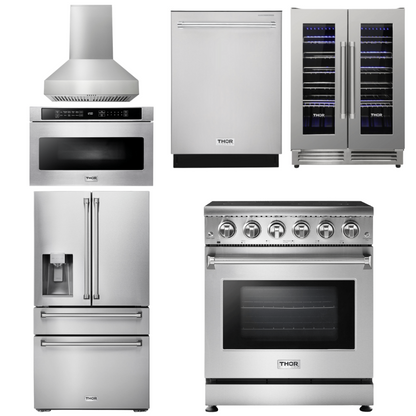 THOR Kitchen Package - 30" Electric Range, Range Hood, Microwave, Refrigerator, Dishwasher, Wine Cooler, AP-HRE3001-W-10