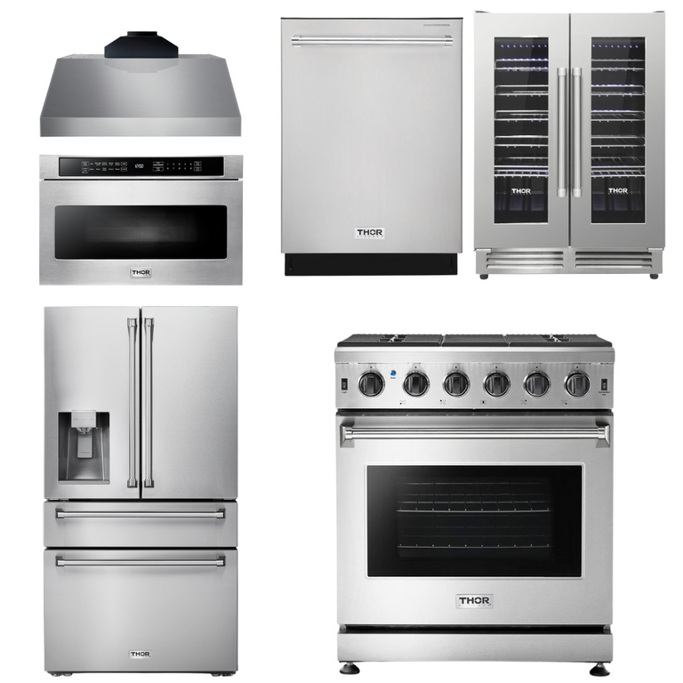 Thor Package - 30" Propane Gas Range, Range Hood, Microwave, Refrigerator with Water & Ice Dispenser, Dishwasher, Wine Cooler