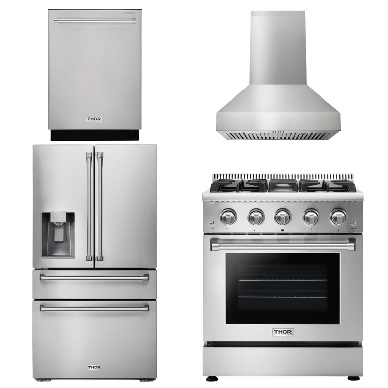 Thor Kitchen Package - 30" Propane Gas Range, Range Hood, Refrigerator with Water and Ice Dispenser, Dishwasher, AP-HRG3080ULP-W-7