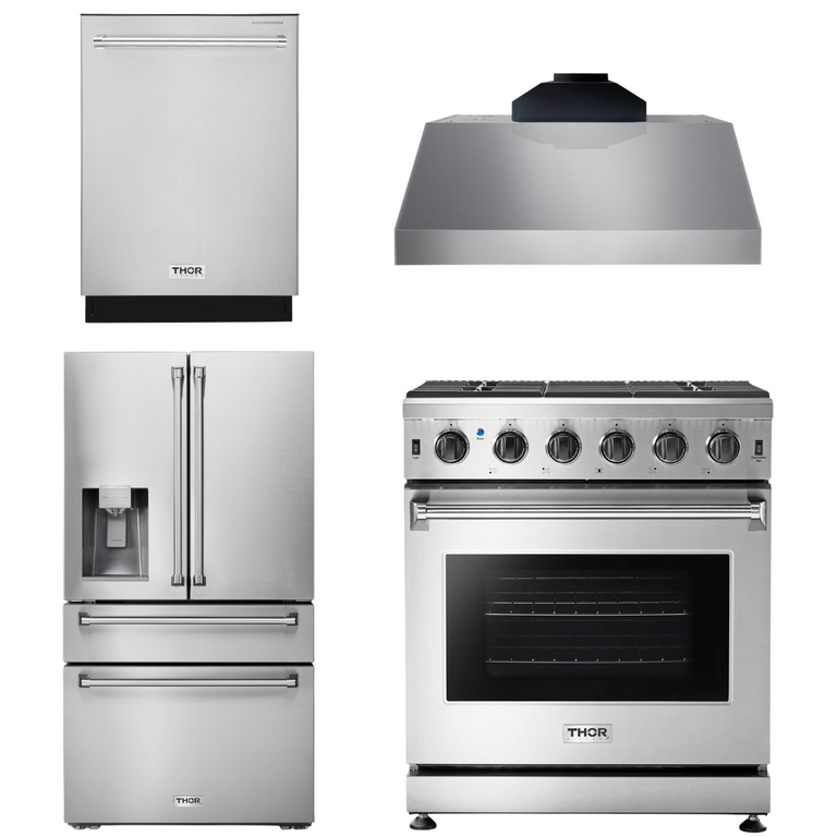 Thor Kitchen Package - 30" Propane Gas Range, Range Hood, Refrigerator with Water and Ice Dispenser, Dishwasher, AP-LRG3001ULP-C-7