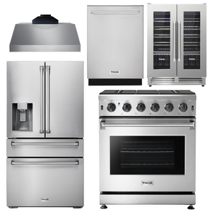 THOR Kitchen Package - 30" Propane Gas Range, Range Hood, Refrigerator with Water and Ice Dispenser, Dishwasher, Wine Cooler, AP-LRG3001ULP-C-8
