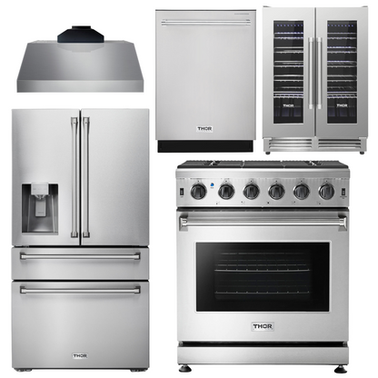 THOR Kitchen Package - 30" Propane Gas Range, Range Hood, Refrigerator with Water and Ice Dispenser, Dishwasher, Wine Cooler, AP-LRG3001ULP-C-8