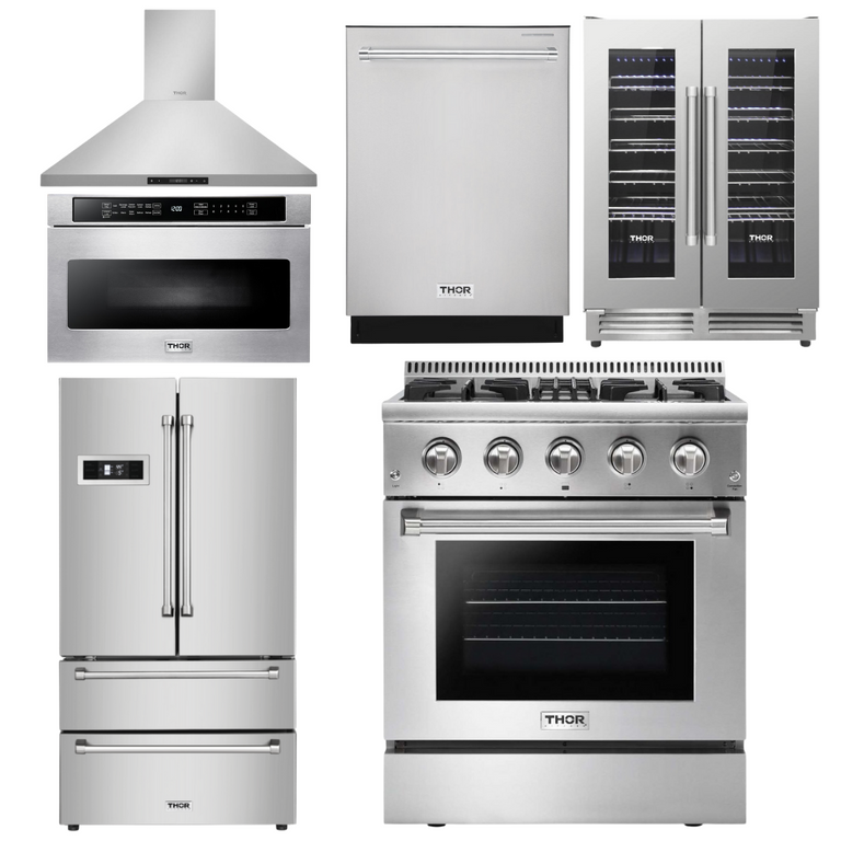 Thor Kitchen Package - 30 in. Gas Burner/Electric Oven Range, Range Hood, Microwave Drawer, Refrigerator, Dishwasher & Wine Cooler, AP-HRD3088U-8