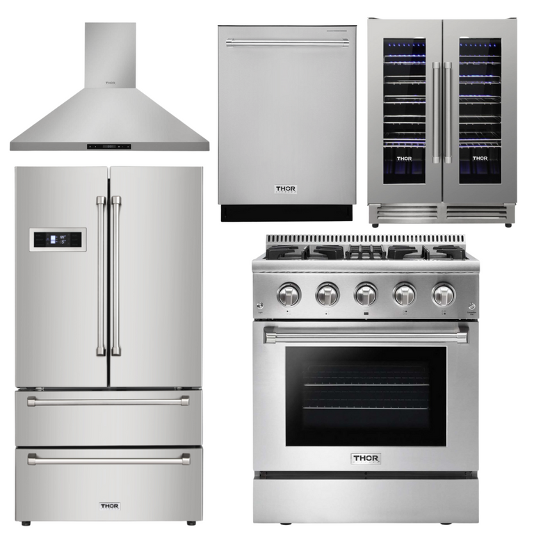 Thor Kitchen Package - 30 in. Gas Burner/Electric Oven Range, Range Hood, Refrigerator, Dishwasher & Wine Cooler, AP-HRD3088U-4