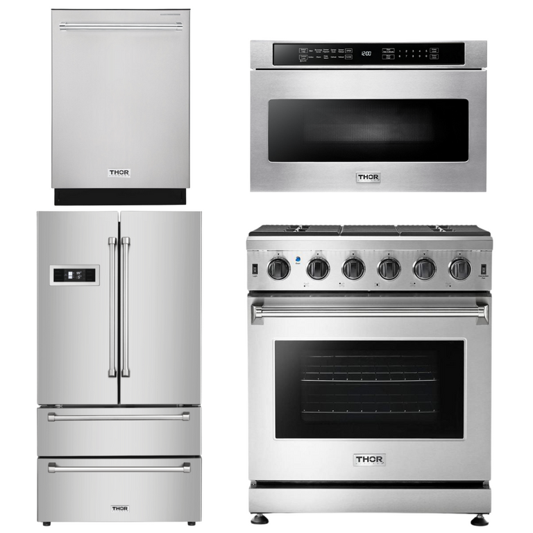 Thor Kitchen Package - 30 in. Natural Gas Range, Microwave Drawer, Refrigerator, Dishwasher, AP-LRG3001U-6