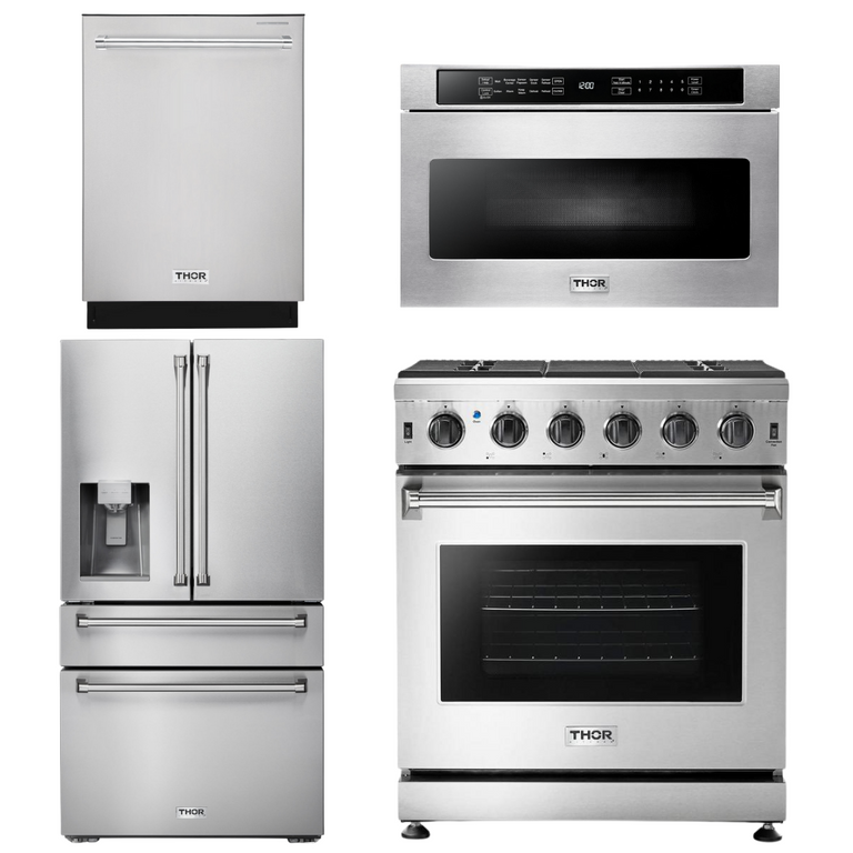 Thor Kitchen Package - 30" Gas Range, Microwave, Refrigerator with Water and Ice Dispenser, Dishwasher, AP-LRG3001U-12