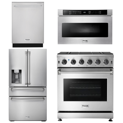 THOR Kitchen Package - 30" Gas Range, Microwave, Refrigerator with Water and Ice Dispenser, Dishwasher, AP-LRG3001U-12