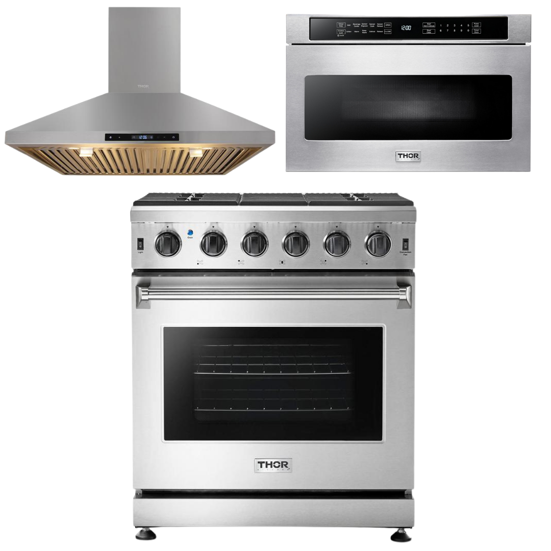 Thor Kitchen Package - 30 in. Natural Gas Range, Range Hood, Microwave Drawer, AP-LRG3001U-5